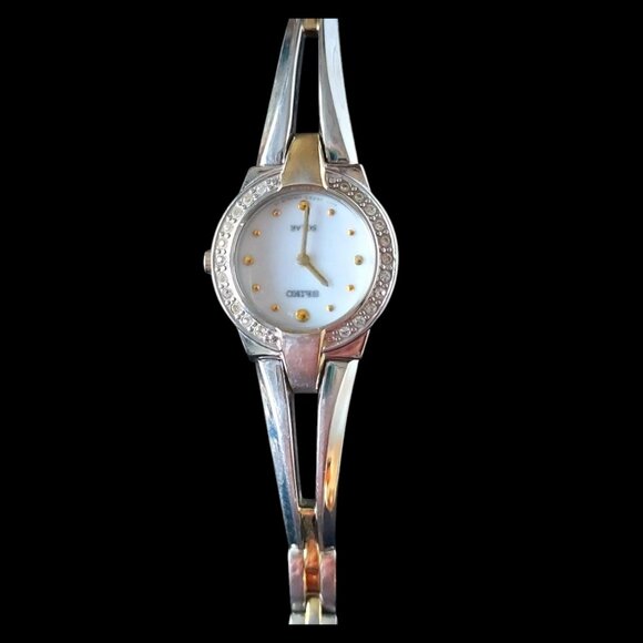 SEIKO Solar Ladies Watch Two Tone White Face Crystal Accented - Picture 2 of 13